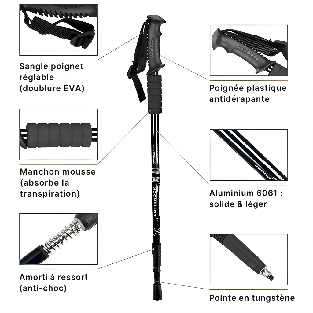 Bâtons de randonnée et marche télescopiques 65–135 cm — poignée mousse, rondelles boue | AJ SoftGrip 65