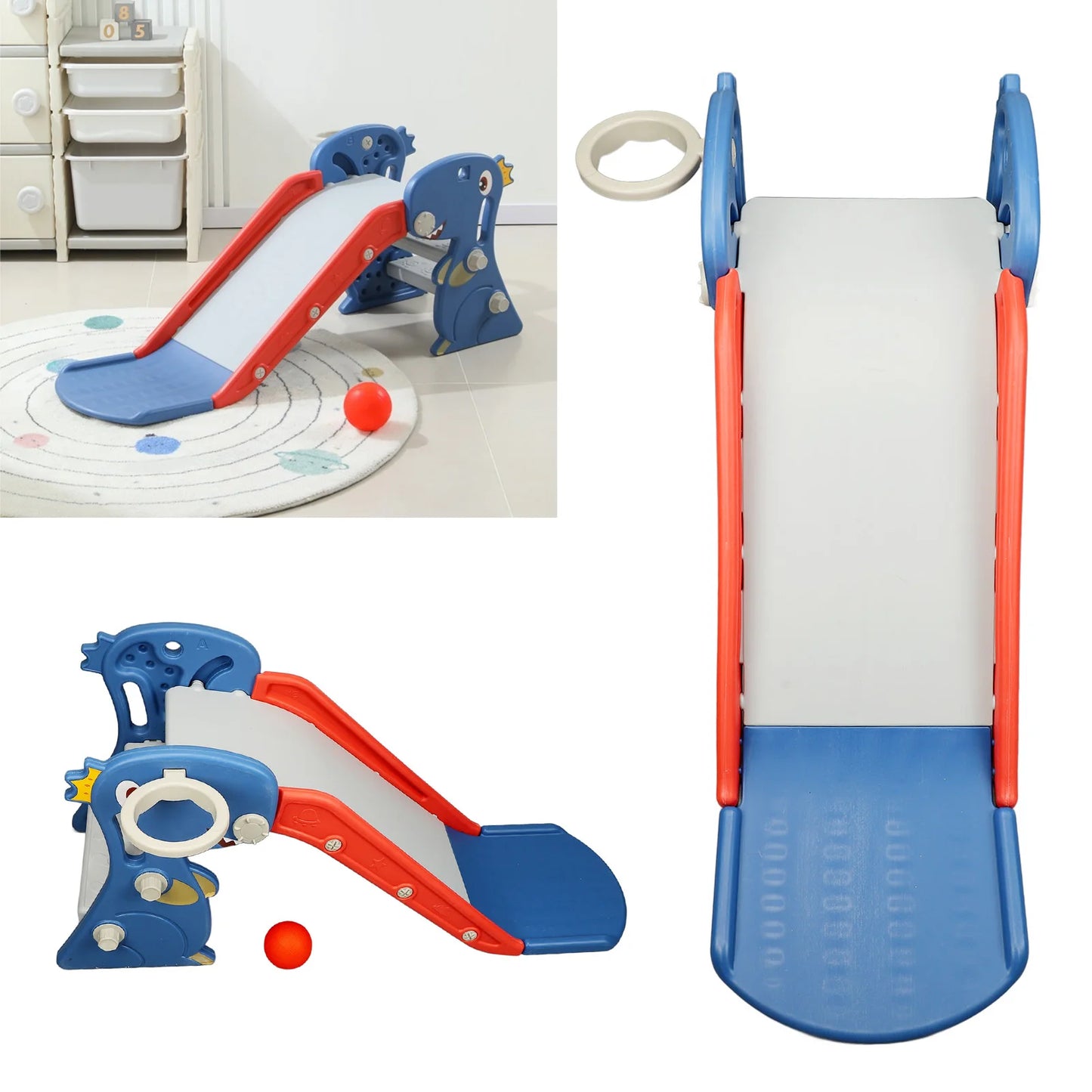 Glissière d'intérieur pliante en forme de dinosaure pour enfants, Construction bleue, facile à assembler, avec panier de basket-ball, grimpeur pour la maison