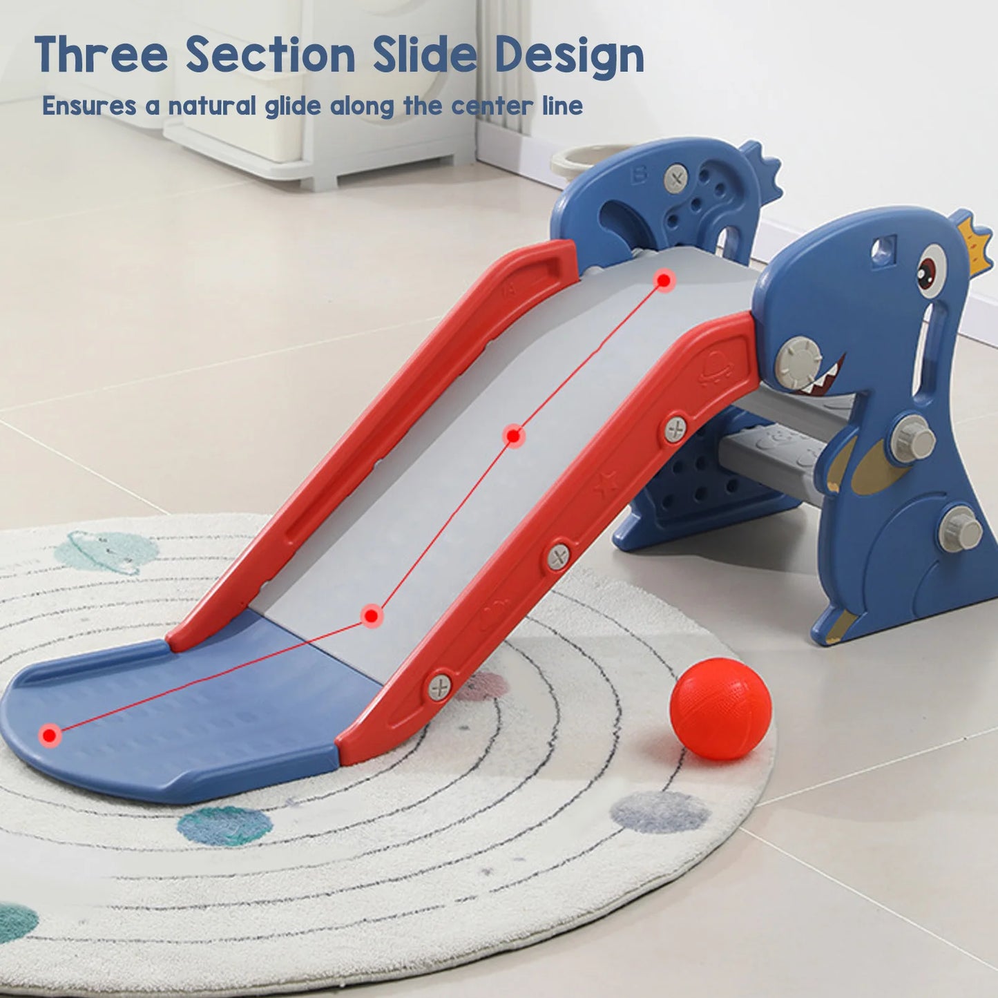 Glissière d'intérieur pliante en forme de dinosaure pour enfants, Construction bleue, facile à assembler, avec panier de basket-ball, grimpeur pour la maison