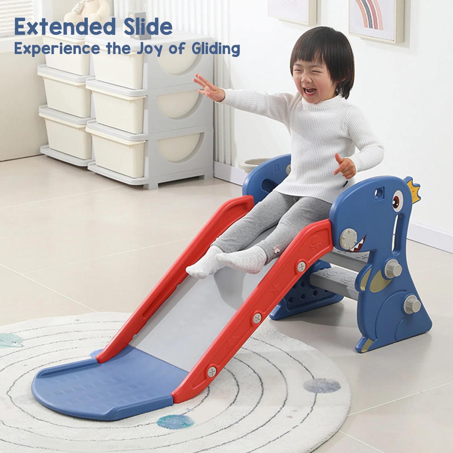 Glissière d'intérieur pliante en forme de dinosaure pour enfants, Construction bleue, facile à assembler, avec panier de basket-ball, grimpeur pour la maison
