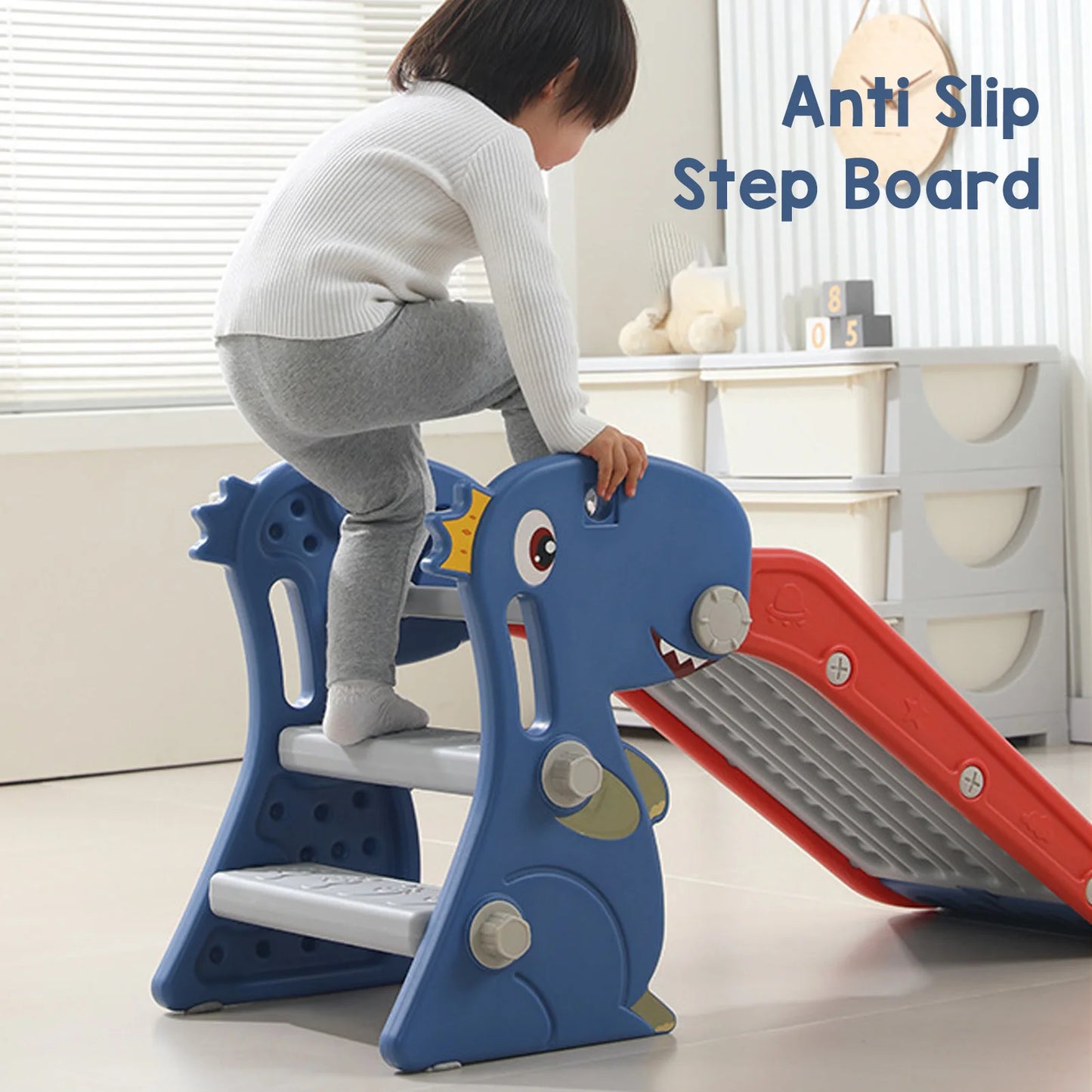 Glissière d'intérieur pliante en forme de dinosaure pour enfants, Construction bleue, facile à assembler, avec panier de basket-ball, grimpeur pour la maison