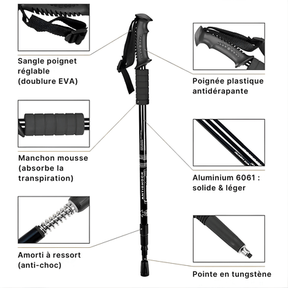Bâtons de randonnée et marche télescopiques 65–135 cm — poignée mousse, rondelles boue | AJ SoftGrip 65