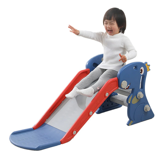 Glissière d'intérieur pliante en forme de dinosaure pour enfants, Construction bleue, facile à assembler, avec panier de basket-ball, grimpeur pour la maison